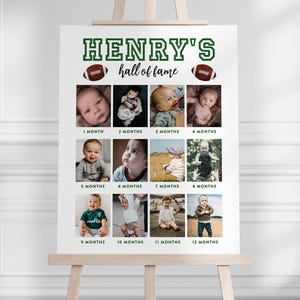 Tablero de fotos del Salón de la Fama de First Down, exhibición de imágenes de 12 meses, póster de fútbol del primer cumpleaños, collage de First Year Down (plantilla editable)