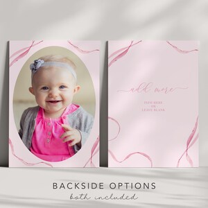 May include: Pink and white printable baby shower invitation with a photo of a baby girl in a pink dress. The text on the invitation says "add more into here or leave blank".
