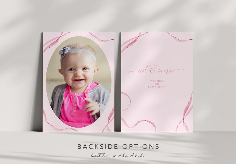 May include: Pink and white printable baby shower invitation with a photo of a baby girl in a pink dress. The text on the invitation says "add more into here or leave blank".