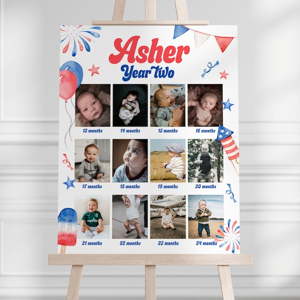 Red White and Two Photo Board, Monthly Picture Display with Editable Captions, Second Birthday 4th of July Poster Collage, Corjl Template