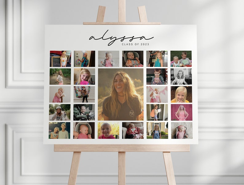 May include: A white poster board with a collage of photos of a young girl at different ages. The poster board has the name "alyssa" written in cursive at the top and the text "CLASS OF 2023" below it.