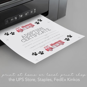 May include: A white paper adoption certificate featuring black text, black paw prints, and red fire truck illustrations. The document includes lines for pet name, date, and a promise to love and take care of the pet, emerging from a black printer.