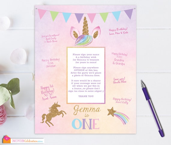 Unicorn Party - Signature Mat - Wishes - Guest Book - Personalized - Unicorn Birthday - Gold Glitter - Birthday Board - Pastel Il_570xn