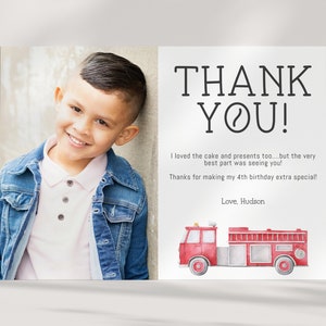 Carte de remerciement Firetruck avec photo - Carte de remerciement fête d'anniversaire pompier - 2 tailles - Modèle modifiable