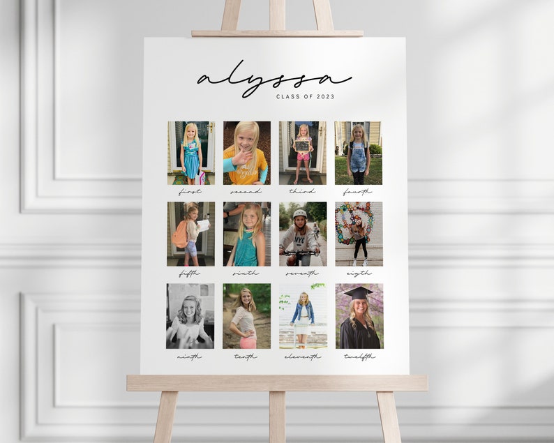 May include: A white poster with the name "Alyssa" written in black cursive script and the text "Class of 2023" below it. The poster features 12 photos of a girl in different grades, from first to twelfth grade, with the grade number written below each photo.