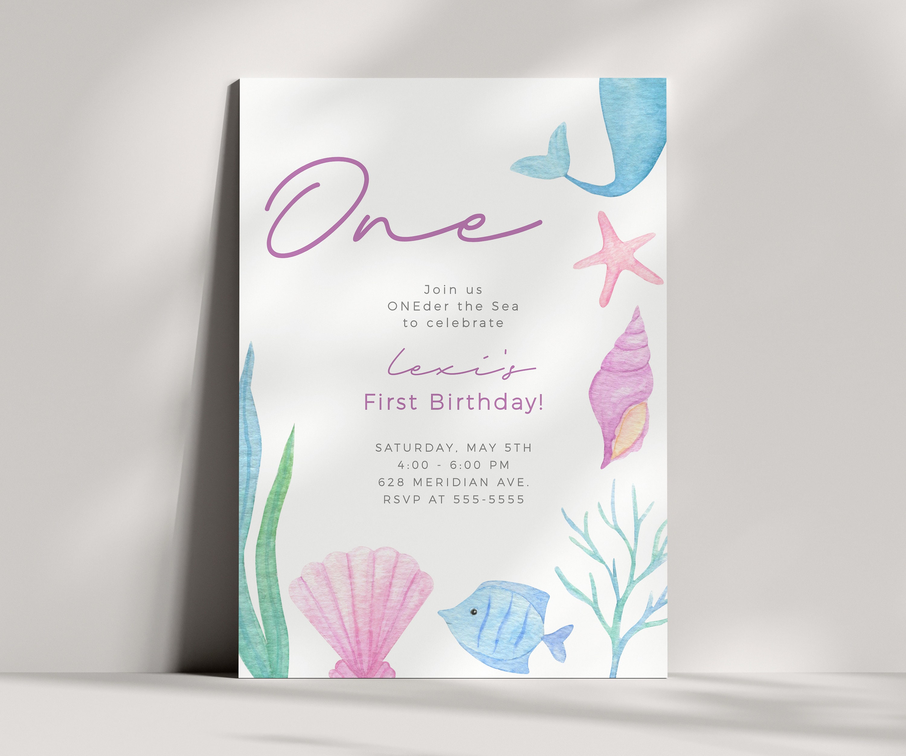 ONEder the Sea Invitation Under the Sea First Birthday Invite Mermaid 1st Birthday Invitation Watercolor Sea Animals EDITABLE