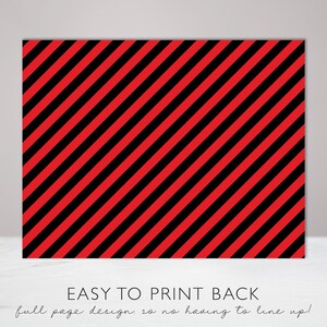 May include: Red and black striped background with the text "EASY TO PRINT BACK full page design. so no having to line up!"