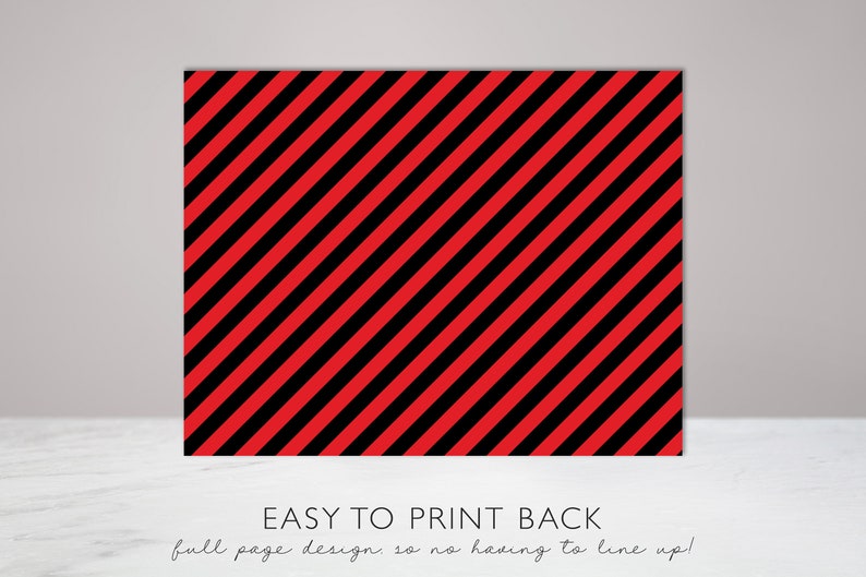 May include: Red and black striped background with the text "EASY TO PRINT BACK full page design. so no having to line up!"