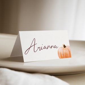 EDITABLE Thanksgiving Place Cards, Thankful for, Guest Name, Food Tent Card, Pumpkin, Buffet Card, Folded, Instant Download Template - DIY