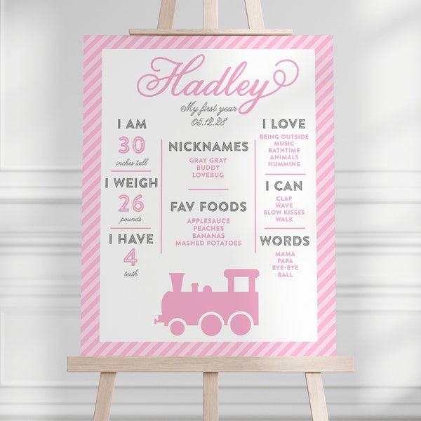 Pink Train Stats Board - First Birthday Milestone Poster - All Aboard - Girl Train Birthday Party - 3 sizes - EDITABLE - DIY
