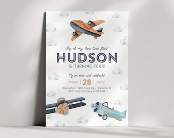 May include: A blue and orange airplane birthday invitation with clouds and the text "My oh my, how time flies! HUDSON IS TURNING FOUR! Fly on over and celebrate! OCTOBER | 28 | 4:00 PM Cole Airfield - 2450 Rivers Edge - Zionsville, IN RSVP to Co-Pilot Emily at 555-5555"