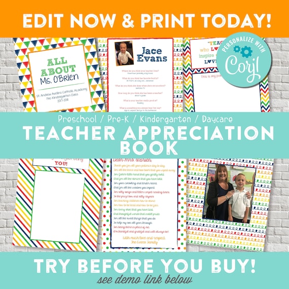 Teacher Appreciation Book - All About My Teacher - Preschool Teacher Gift - Kindergarten Teacher Gift - INSTANT DOWNLOAD - Edit Yourself Il_570xn