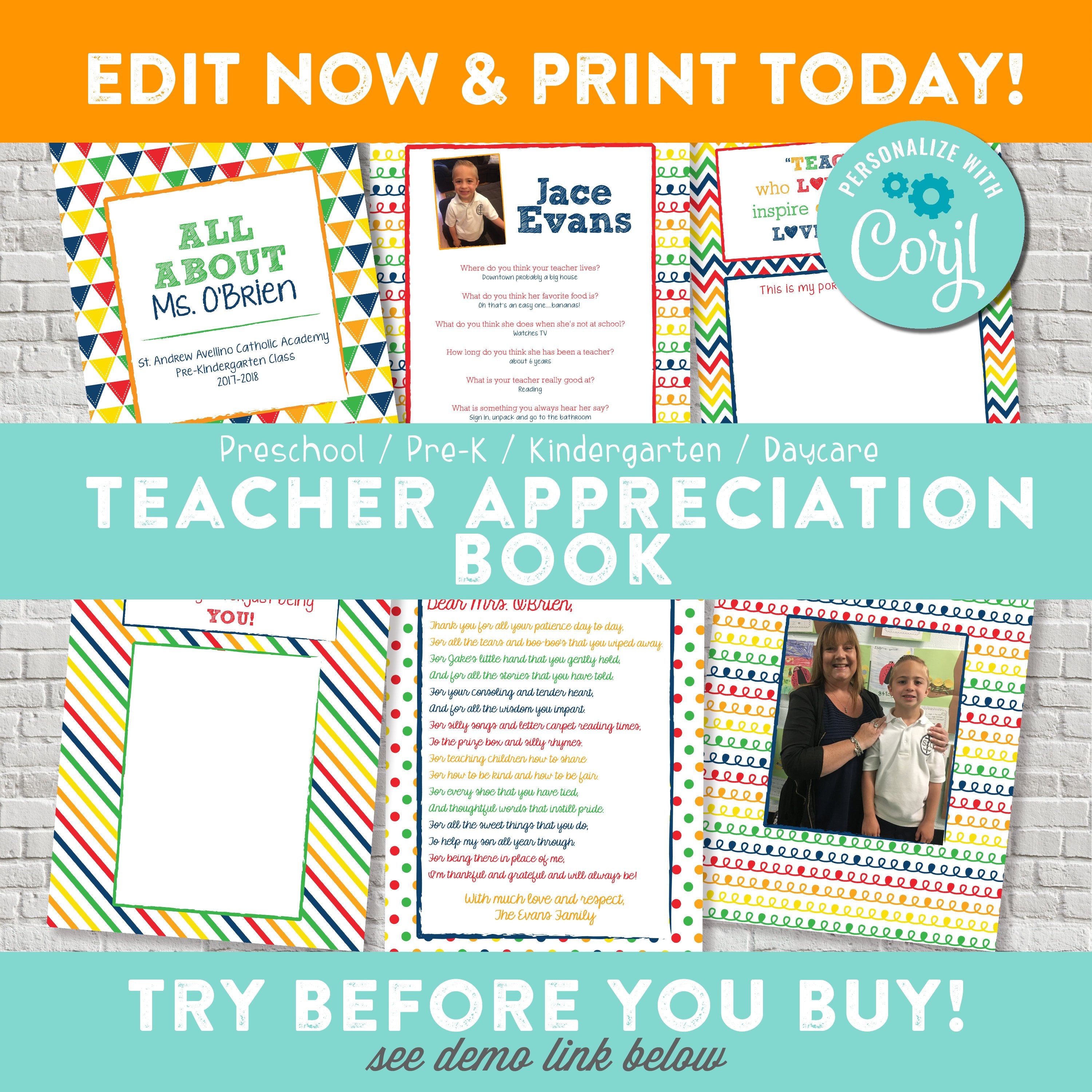 Teacher Appreciation Book All About My Teacher Preschool Etsy