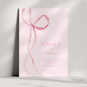 Pink Bow Invitation, Coquette Bow Party, Aesthetic, Girl First Birthday, Elegant Ribbon, Editable Minimalist Invite - Any Age