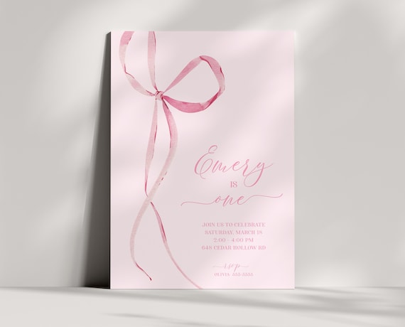 Pink Bow Invitation, Coquette Bow Party, Aesthetic, Girl First Birthday, Elegant Ribbon, Editable Minimalist Invite - Any Age