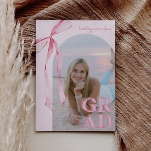 Pink Bow Graduation Invitation, Canva Template, Editable Girly Grad Party Invite, Coquette Bow, Aesthetic Senior Announcement Photo image 6