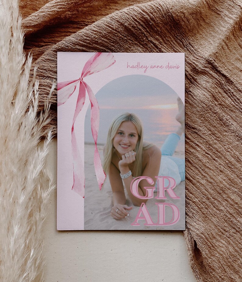 Pink Bow Graduation Invitation, Canva Template, Editable Girly Grad Party Invite, Coquette Bow, Aesthetic Senior Announcement Photo image 6
