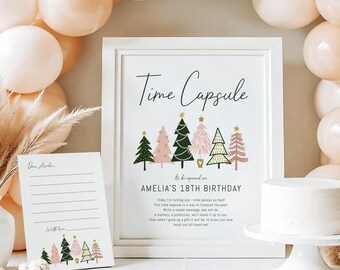 Cápsula del Tiempo de ONEderland para Niñas - Árboles de Navidad Rosa y Verde, Mensaje para tu Primer Cumpleaños, Descarga Instantánea, PLANTILLA EDITABLE