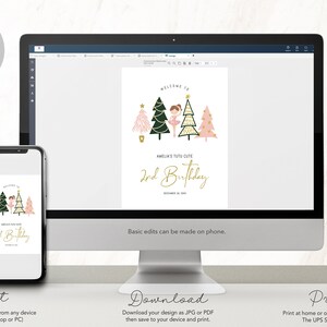 May include: A printable digital invitation for a 2nd birthday party. The invitation features a ballerina in a pink tutu standing in front of three pink and green Christmas trees with gold stars. The text reads "Welcome to Amelia's Tutu Cute 2nd Birthday December 18, 2023".