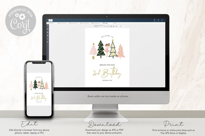 May include: A printable digital invitation for a 2nd birthday party. The invitation features a ballerina in a pink tutu standing in front of three pink and green Christmas trees with gold stars. The text reads "Welcome to Amelia's Tutu Cute 2nd Birthday December 18, 2023".