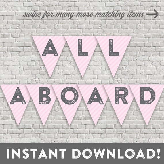 Pink Train Banner - All Aboard - Pink and Gray - Girl Train Party - Girl Birthday Bunting - Vintage Modern - INSTANT DOWNLOAD Il_570xn