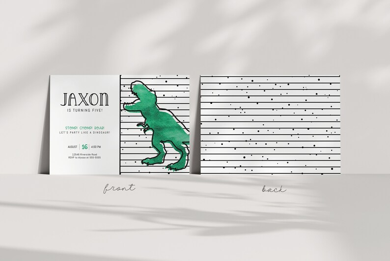 TREX 誕生日招待状 - T-Rex パーティー - 恐竜招待状 - ティラノサウルス - モダン - 水彩画 - 編集可能なテンプレート - DIY 画像 2