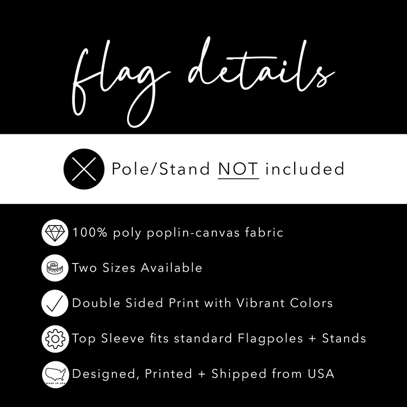 Puede incluir: Gr&aacute;fico en blanco y negro con las palabras "flag details" en cursiva. El texto destaca caracter&iacute;sticas como la impresi&oacute;n a doble cara, los colores vibrantes y la compatibilidad con m&aacute;stiles est&aacute;ndar. El texto tambi&eacute;n indica que el m&aacute;stil/soporte no est&aacute; incluido.
