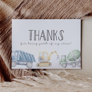 Cartão de agradecimento para construção moderna - Cartão postal de agradecimento para festa de aniversário de construção azul, verde e amarelo - Modelo Corjl editável