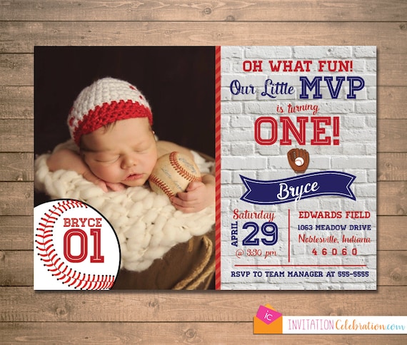Baseball First Birthday Invitation - MVP - Photo - Vintage - Choose Printable or have it PRINTED for you with envelopes, Shipping Included Il_570xn