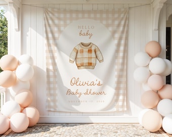 Fondo de baby shower de otoño / Banner de suéter de cuadros vichy para bebé / Decoración de arco de otoño / Letrero de bienvenida personalizado para bebé
