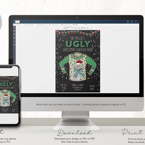 May include: A digital invitation for a Christmas sweater party. The invitation features a green and white Christmas sweater with a cat wearing a Santa hat. The text on the invitation reads "The Miller's Ugly Christmas Sweater Bash" with the date and time of the party.