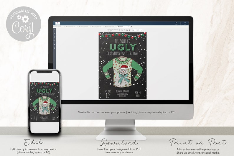 May include: A digital invitation for a Christmas sweater party. The invitation features a green and white Christmas sweater with a cat wearing a Santa hat. The text on the invitation reads "The Miller's Ugly Christmas Sweater Bash" with the date and time of the party.