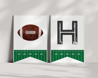 May include: Two printable football-themed pennants with a football and the letter "H" on a white background. The pennants have a green football field design at the bottom with yard lines marked from -10 to 50.