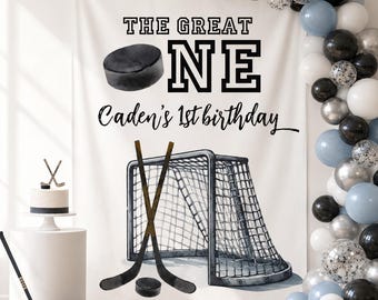 The Great ONE Hockey Backdrop, 1st Birthday Party Banner, Large Personalized Fabric Sign Decor