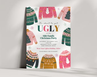 May include: A Christmas party invitation with a white background and colorful illustrations of ugly Christmas sweaters. The text reads "It's about to get UGLY at the Able Family Christmas Party" with details about the date, time, location, and dress code.
