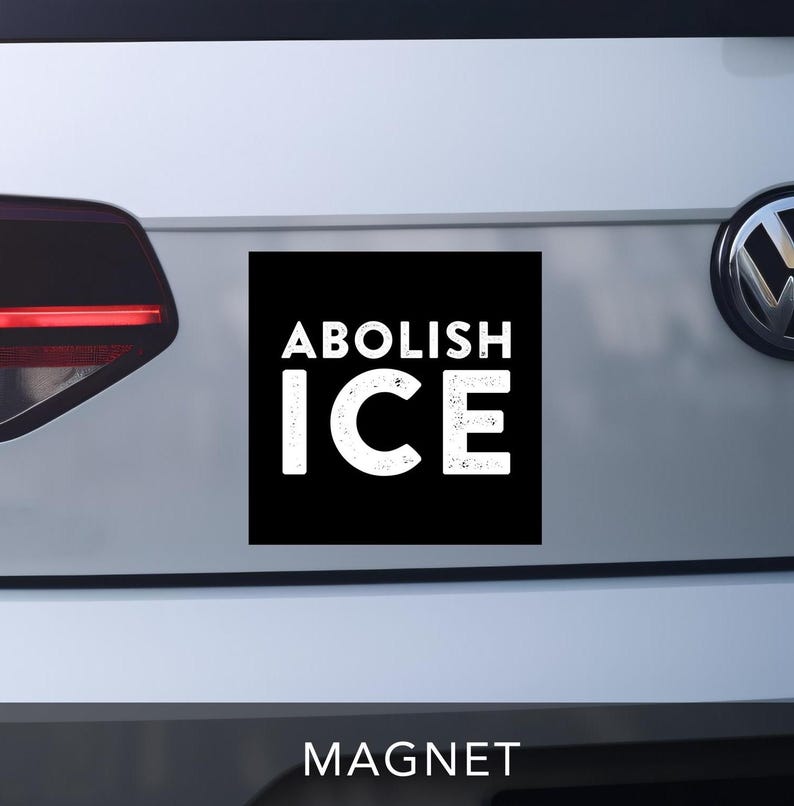 abolish ICE car bumper sticker magnet.  black 5x5 square with white distressed block letters.