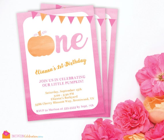 Pumpkin First Birthday Party - Pink Girl Pumpkin Party - Pink Pumpkin Birthday - Pink and Orange Watercolor - Fall Birthday Party - One Il_570xn