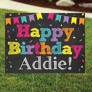 Colorful Girl Birthday Yard Sign.  Black background with bright pink, yellow, purple, orange and teal confetti, banner and fun block wording.  Reads Happy Birthday and personalize with your name