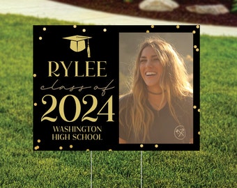 Graduation Yard Sign with Photo - LARGE Outdoor Yard Sign - Black and Gold Senior Sign 2024 - FREE SHIPPING