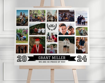 Abschlussfoto-Collage-Vorlage, 15 Bilder, Schild „Durch die Jahre“, Jahrgang 2024, Fototafel, sofortiger Download, EDITIERBAR
