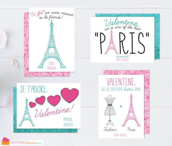 Paris Valentine - Eiffel Tower Valentine - PRINTABLE - Valentine for Girls - French - Pink - Teal - Turquoise - Girly - Teen - Personalized Il_570xn