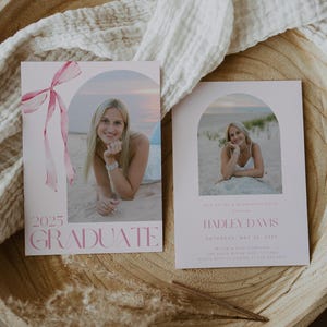 Pink Coquette Bow Graduation Invitation Photo, Canva Template, Editable Girl Grad Party Invite, Aesthetic Grad Announcement, Class of 2025