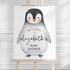 Letrero de pingüino para baby shower - Cumpleaños de pingüino - Animal del Ártico - Letrero de bienvenida - Letrero de entrada - Decoración de pared - EDITABLE - Hazlo tú mismo