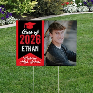 Graduation Photo Yard Sign - 2026 Graduation Outdoor Party Sign - Red and Black Senior Yard Sign - Printed and Shipped to You, FREE SHIPPING image 1