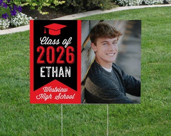 Graduation Photo Yard Sign - 2026 Graduation Outdoor Party Sign - Red and Black Senior Yard Sign - Printed and Shipped to You, FREE SHIPPING
