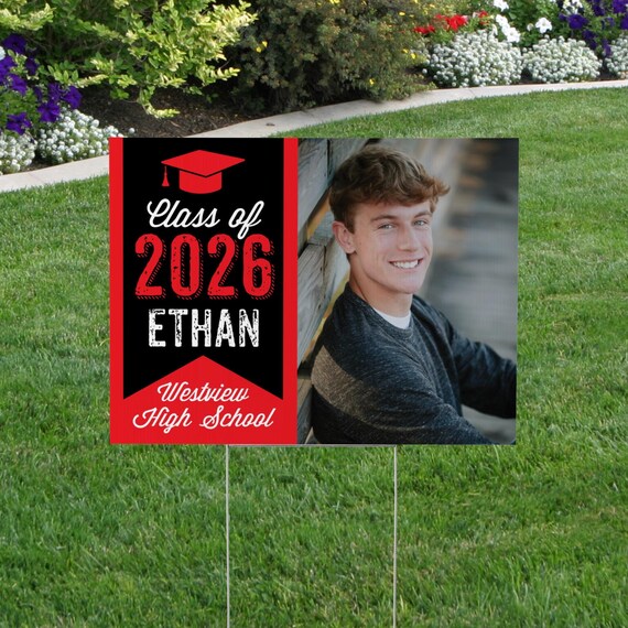 Graduation Photo Yard Sign - 2026 Graduation Outdoor Party Sign - Red and Black Senior Yard Sign - Printed and Shipped to You, FREE SHIPPING