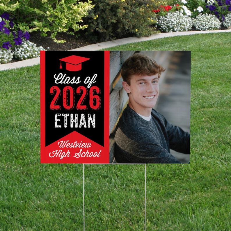 Graduation Photo Yard Sign - 2026 Graduation Outdoor Party Sign - Red and Black Senior Yard Sign - Printed and Shipped to You, FREE SHIPPING image 1