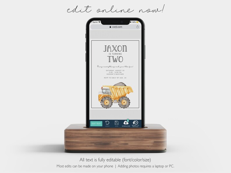 May include: A digital invitation for a birthday party with a yellow dump truck illustration. The text reads "Jaxon is turning two". The invitation is displayed on a smartphone screen.