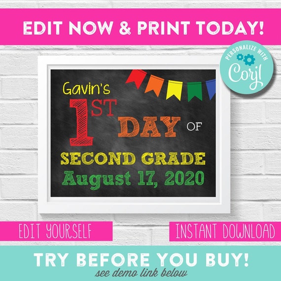 First Day of School NAME and DATE - School Sign - Back to School Sign - 1st Day Printable First Day Poster - Chalkboard - Rainbow - 8.5 x 11 Il_570xn