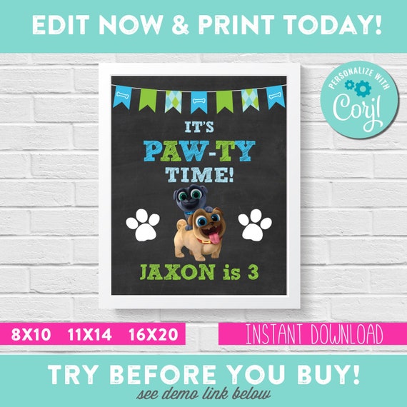 Puppy Dog Pals Party - Paw-ty Time Welcome Sign - Editable - INSTANT DOWNLOAD - 8x10 - 11x14 - 16x20 - Edit Yourself Il_570xn